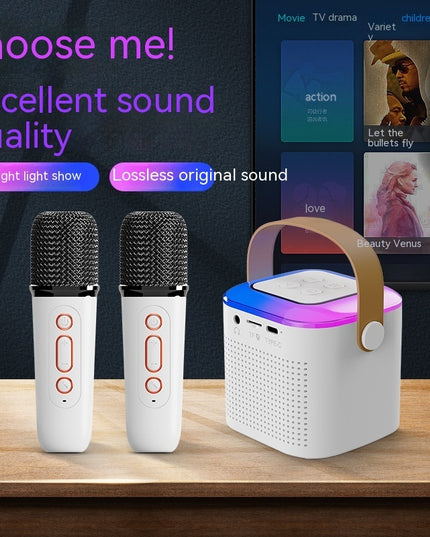 Microphone Karaoke Machine Bluetooth-compatible Speaker With 2 Wireless Mic RGB Light Home Family Singing Speaker